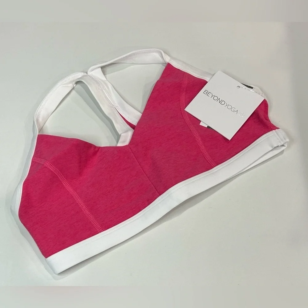 Beyond Yoga Women's XL Spacedye Outlines Bra Pink White NWT Contrast Stripe